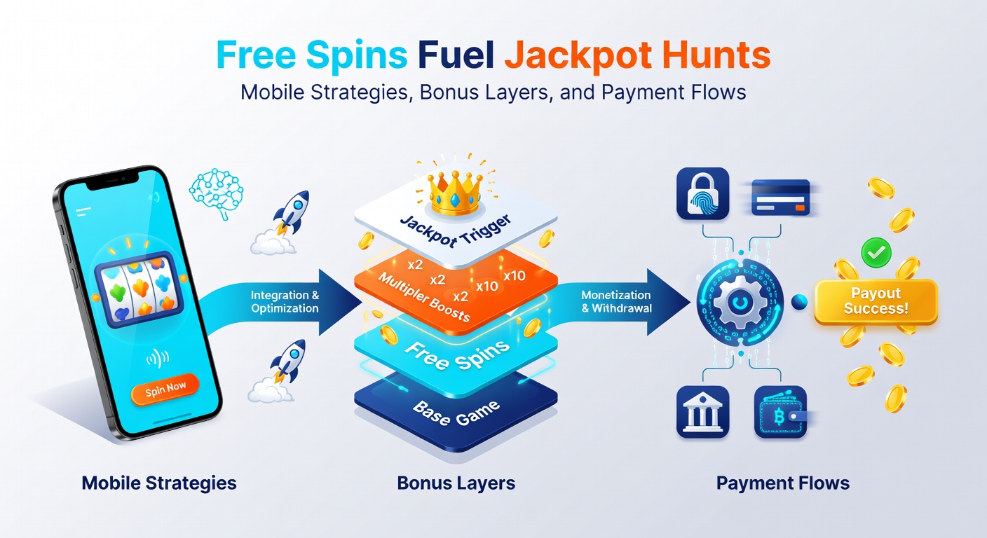 Grafik eines mehrschichtigen Bonus-Systems in einem Slot-Spiel, mit Free Spins, Multiplikatoren und einem leuchtenden Jackpot-Meter, umgeben von Zahlungssymbolen wie Kreditkarten und E-Wallets