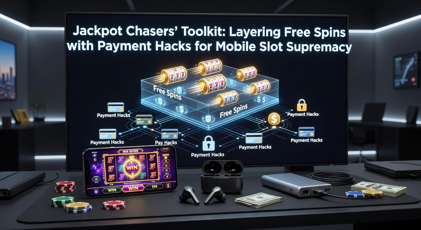 Smartphone mit Slot-App im Vordergrund, Icons für Zahlungs-Apps und Free-Spins-Boni schweben darum, Jackpot-Meter im Hintergrund explodiert